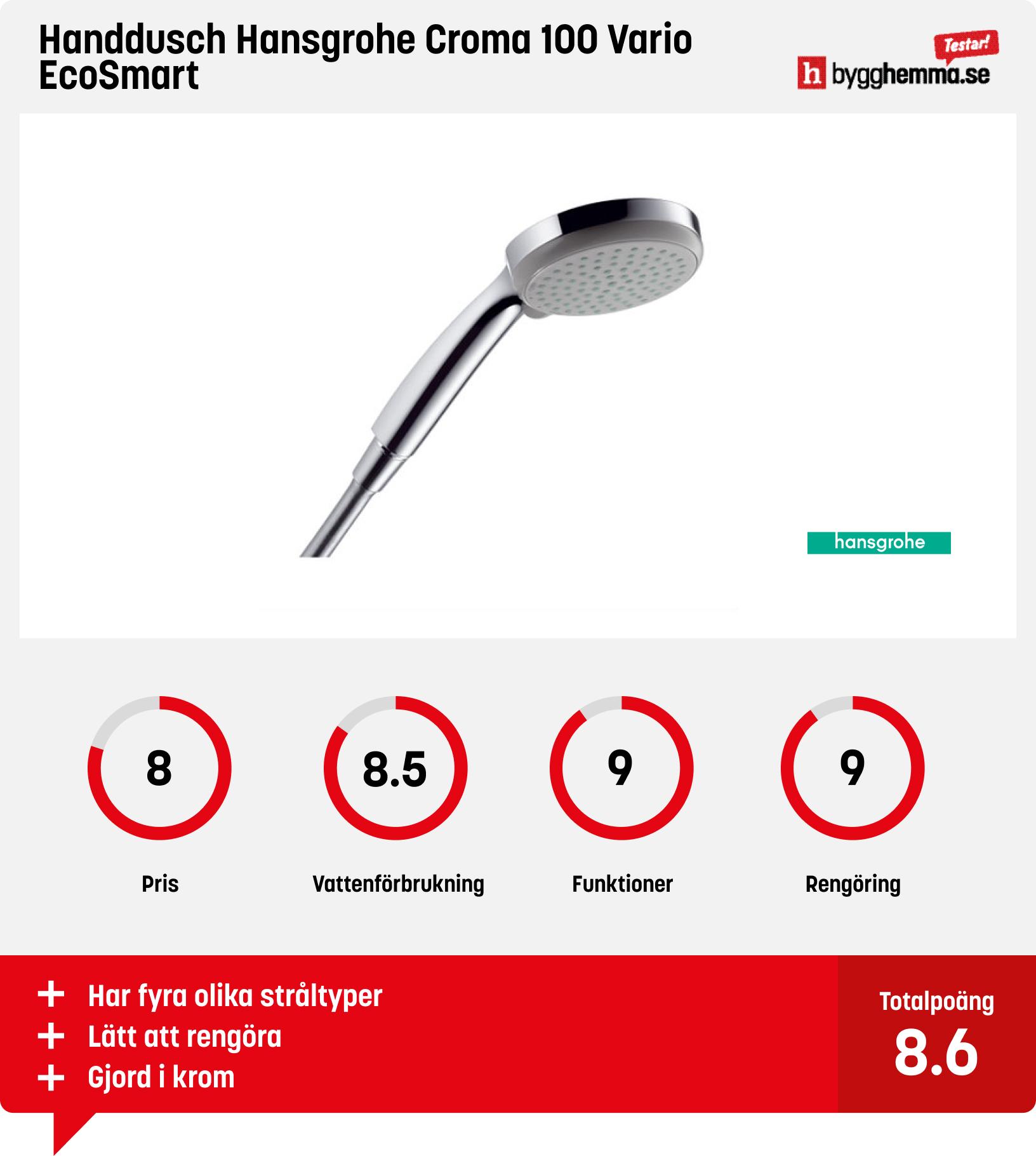 Snålspolande duschmunstycke test - Handdusch Hansgrohe Croma 100 Vario EcoSmart