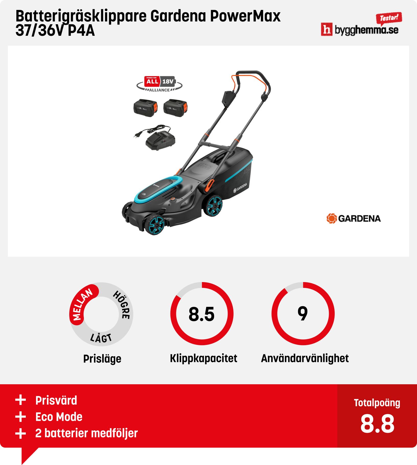 Batteridriven gräsklippare test - Batterigräsklippare Gardena PowerMax 37/36V P4A